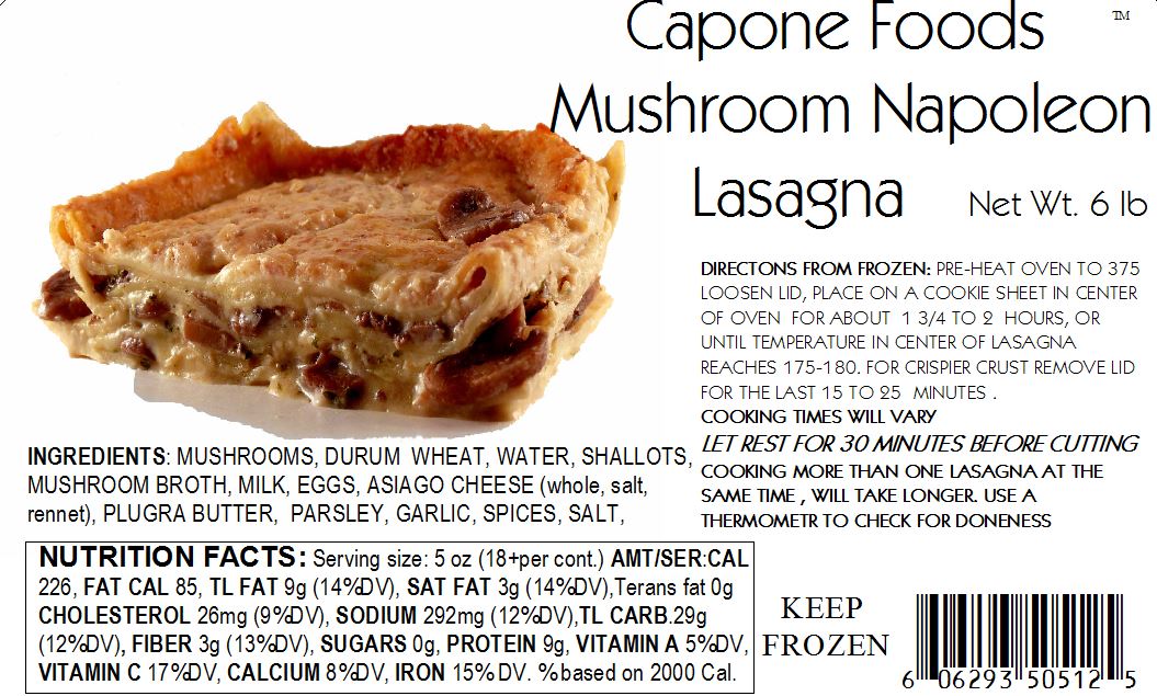 Lasagna - Mushroom Napoleon 6 lbs. * STORE PICK UP OR LOCAL HOME DELIVERY ONLY