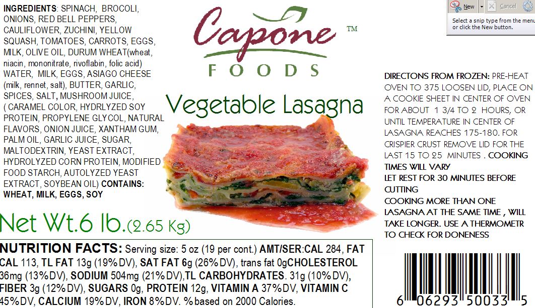 Lasagna - Vegetable,  6 lbs * STORE PICK UP ONLY